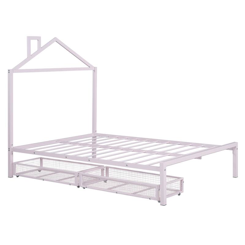 Full Size Metal Platform Bed with Two Drawers and House-Shaped Headboard