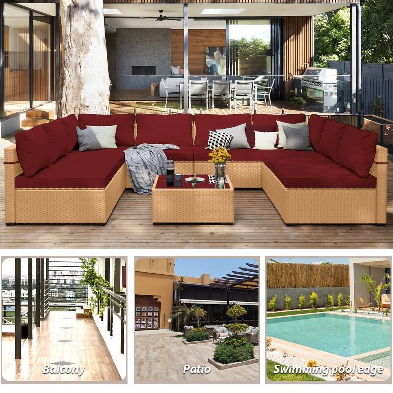 Patio Watcher Patio Conversation Set 9-Piece Yellow Wicker Sectional Seating Group with Cusions