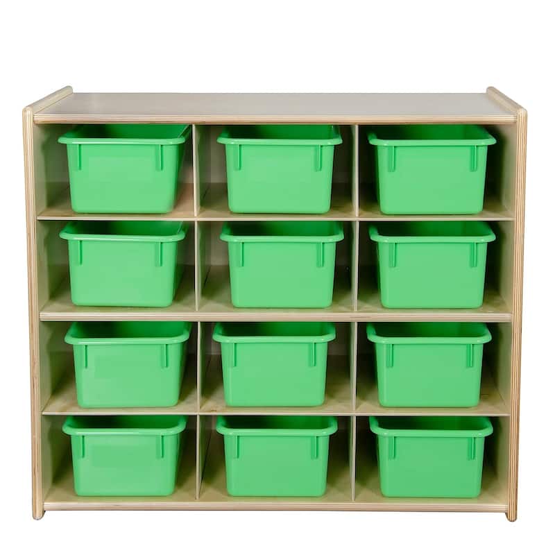 Wood Designs Birch 12 Cubby Storage Cabinet with Lime Green Tubs, Kids Montessori Organizers for Classroom, Kindergarten - 30"