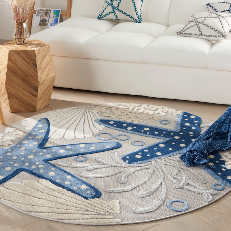 Nourison Aloha Coastal Starfish Indoor/Outdoor Area Rug - 4' Round - Blue/Grey