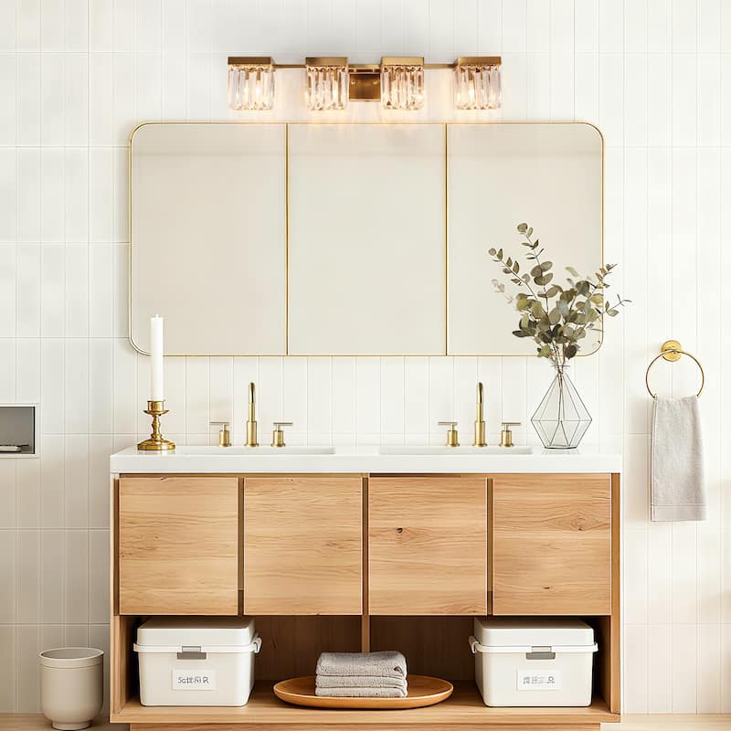 Diore Modern 4-Light Crystal Bathroom Vanity Light Gold Linear Wall Sconce - Brass Gold - L31.5"*W5.7"*H5.9"