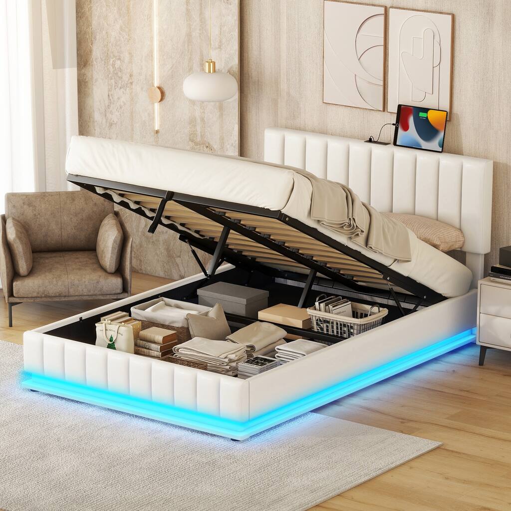 Modern Full Size Upholstered Bed Creative Platform Bed with Hydraulic Storage System, LED Light & Sockets and USB Ports