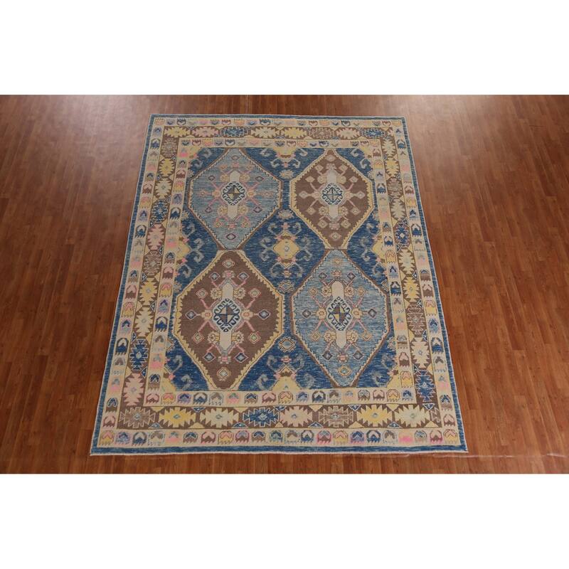 Hand Knotted Oriental 100% Wool Carpet Transitional Geometric Navy Blue & Blues Oushak Area Rug - 10' 9'' X 8' 4''