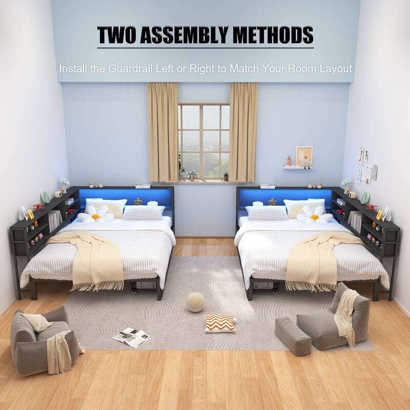 Corner Daybed Kids Platform Bed Frame with Storage Bookcase, Underbed Drawers, Charging Station and LED Lights