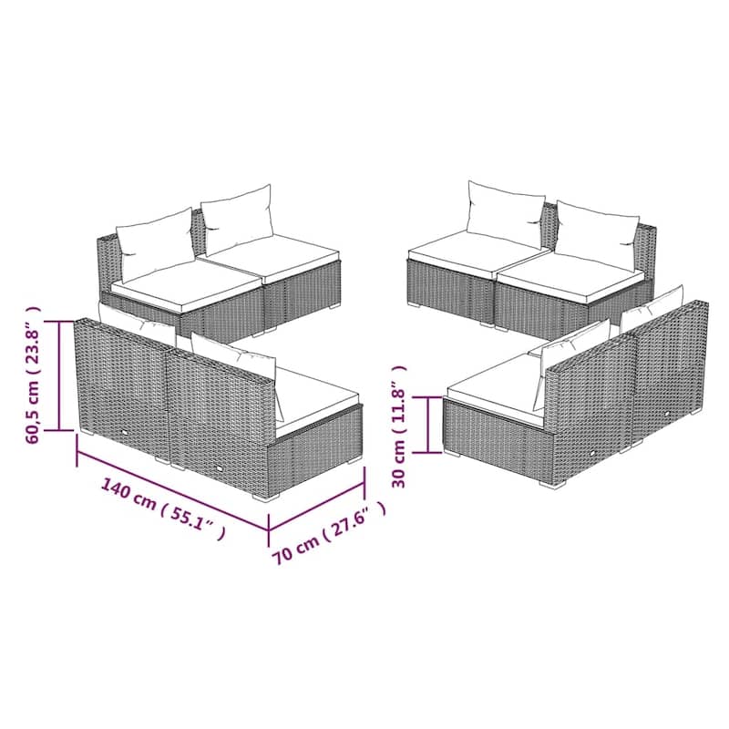 vidaXL Patio Lounge Set Outdoor Sectional Sofa Set Table Garden Poly Rattan - 27.6" x 27.6" x 24"