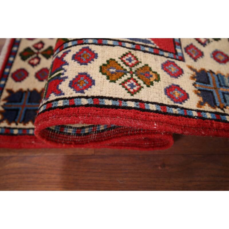 Geometric Red Kazak Accent Rug Hand-Knotted Wool Carpet - 2'1" x 2'11"