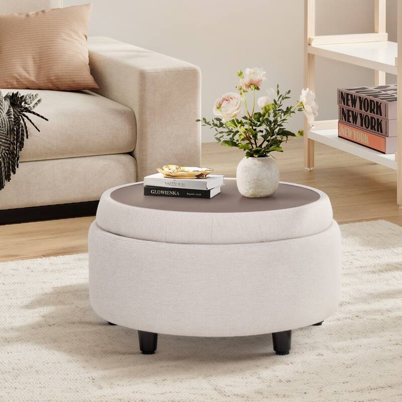 Fabric Storage Ottoman with Tray Lid - Footrest & Hidden Storage for Living Room​
