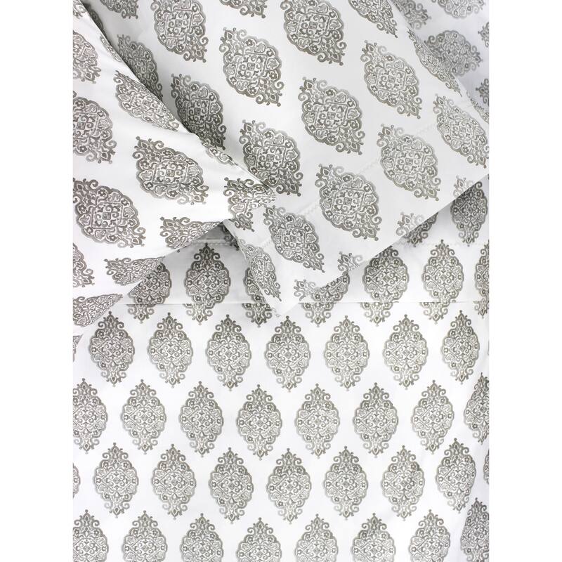 Melange Pick Gray Printed Cotton Collection 400 Thread Count Sheet Set - King - Damask Grey