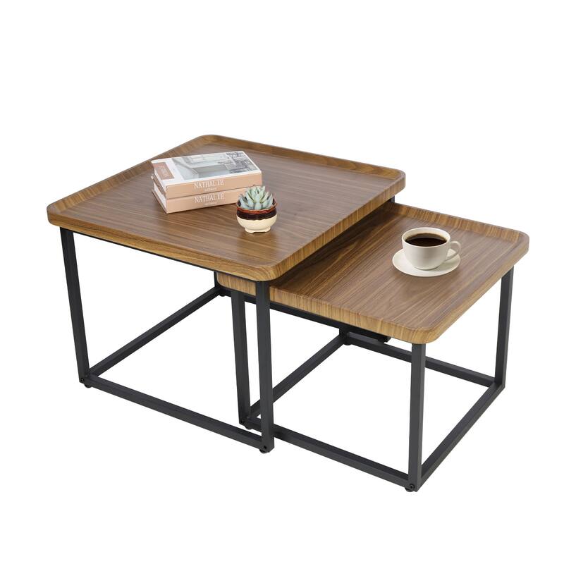 Square Nesting Coffee Table Set of 2 Wood Metal Stacking Side Table - 22"x22"x18"
