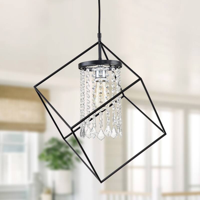 C Cattleya 1-Light Black Geometric Hanging Pendant Light with Cylinder Crystal Beads Shade - Black 