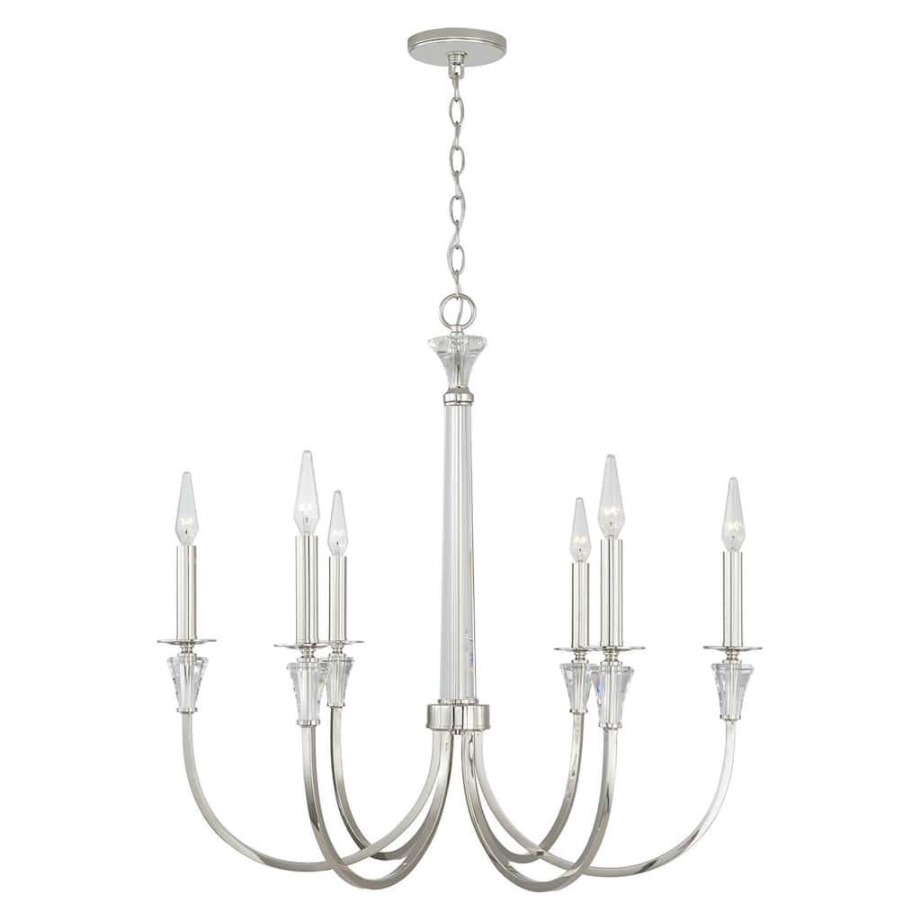 Laurent 30" 6-light Polished Nickel Chandelier w/ Crystal Column & Bobeches