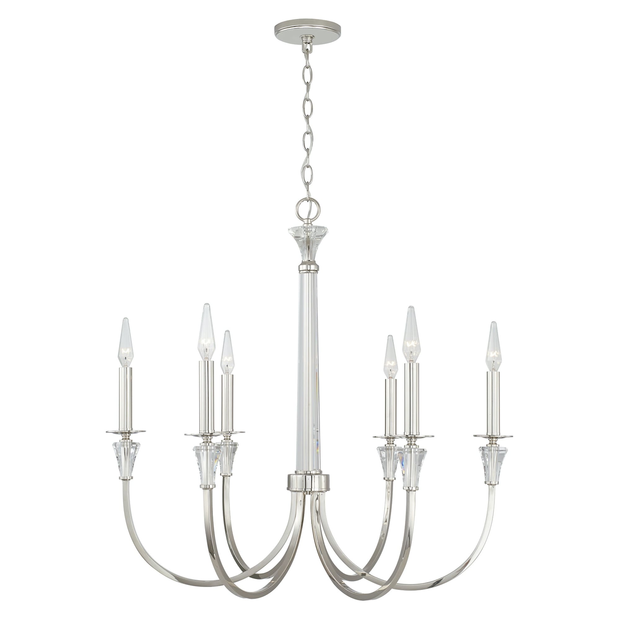 Laurent 30" 6-light Polished Nickel Chandelier w/ Crystal Column & Bobeches