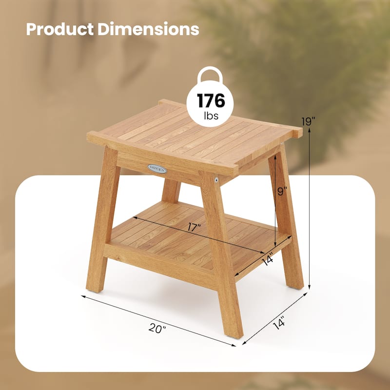 Gymax 20'' Teak Wood Shower Bench w/ Storage Shelf Adjustable &