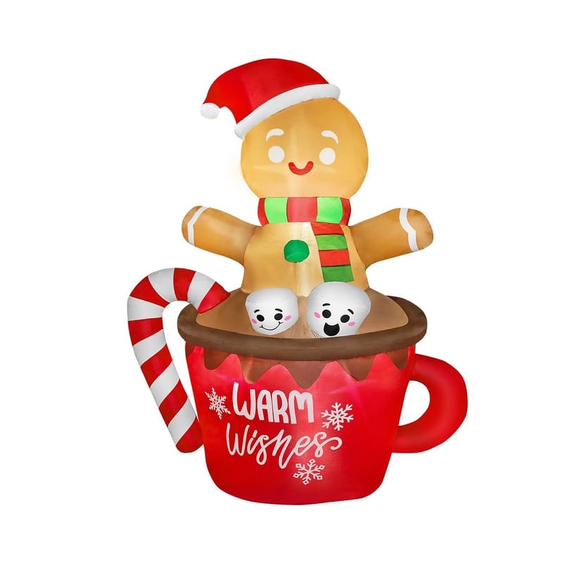 6 FT Tall Christmas Inflatable Gingerbread Man in Hot Cocoa Mug with Build-in LEDs, Blow Up Yard Decoration - Multicolor