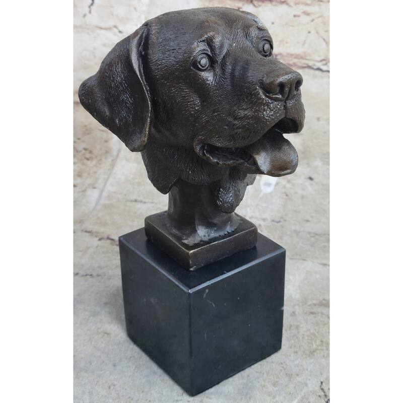 Signed Original Happy Labrador Puppy Dog Bust Marble Base Sculpture Statue Decor