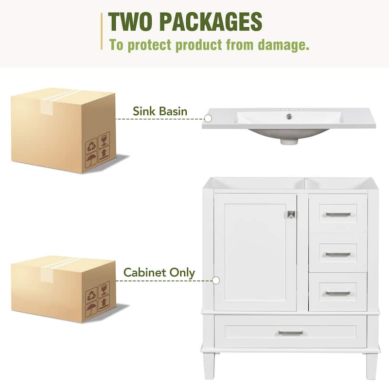 GDFStudio - Hera 30" Vanity Modern Bathroom Cabinet with Resin Sink, 1 Door and 3 Drawers