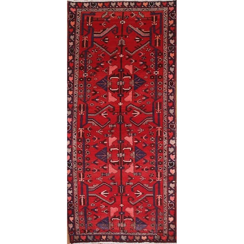 Vintage Red Tribal Geometric Hamedan Persian Wool Runner Rug Handmade - 3'2" x 7'7"