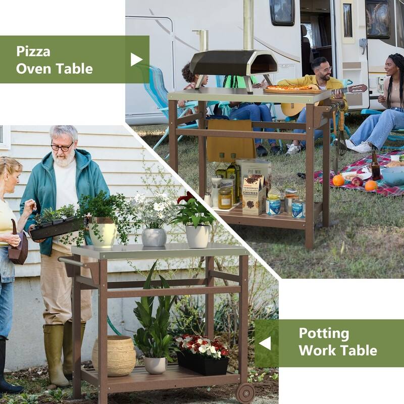 Portable Outdoor Grill Cart with HDPE Legs,Stainless Steel Top&Double-Shelf Storage for BBQ Prep Table