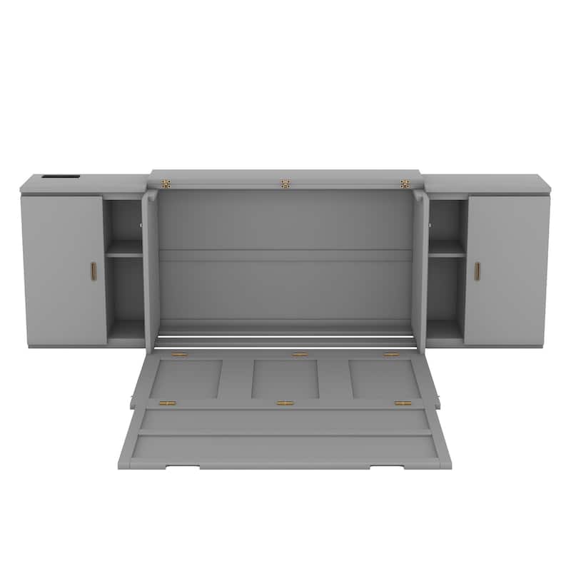 Full Size Murphy Bed Cabinet w/ Storage Shelves, USB Ports, Foldable