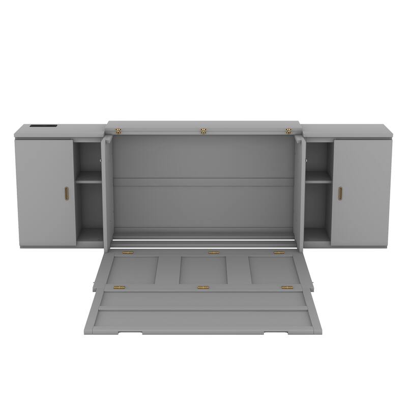 Murphy Bed with Built-in Charging Station, Shelves & Storage Cabinets, Platform Bed Frame Space-Saving Folding Wall Cabinets Bed