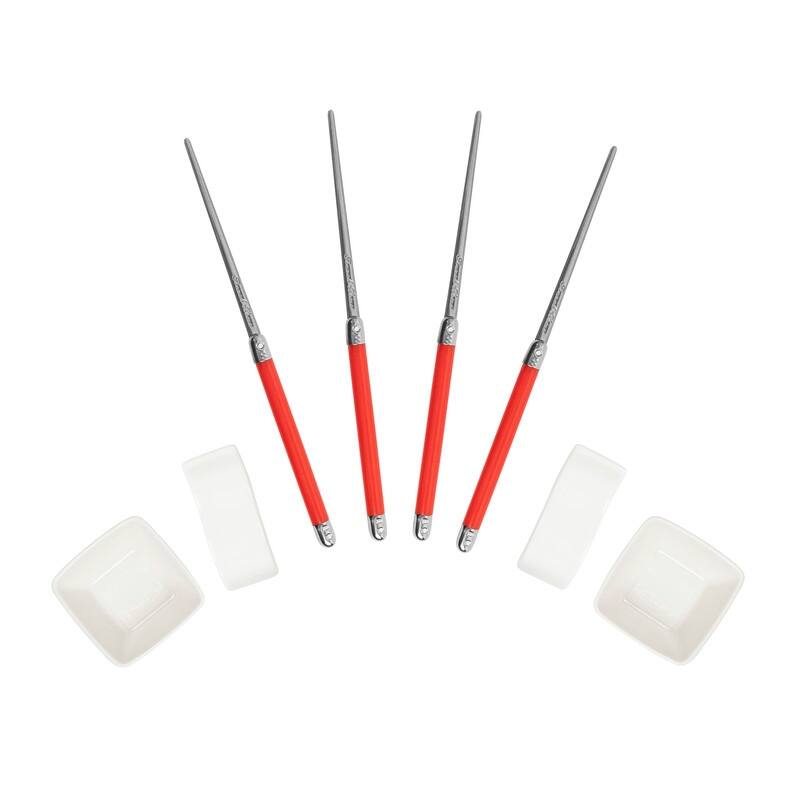 French Home Chopsticks with Red Handles, Ceramic Rests and Sauce Bowls, Set of 2 Pairs
