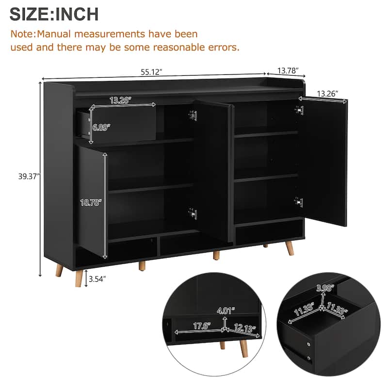 Modern Shoe Cabinet Organizer with Adjustable Shelves, Drawer & Beveled Handle Doors