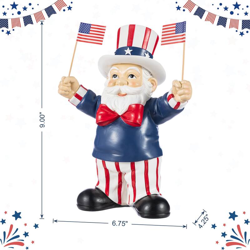 Glitzhome 9"H Patriotic/ Americana Polyresin Santa Holding Flags Table Decor