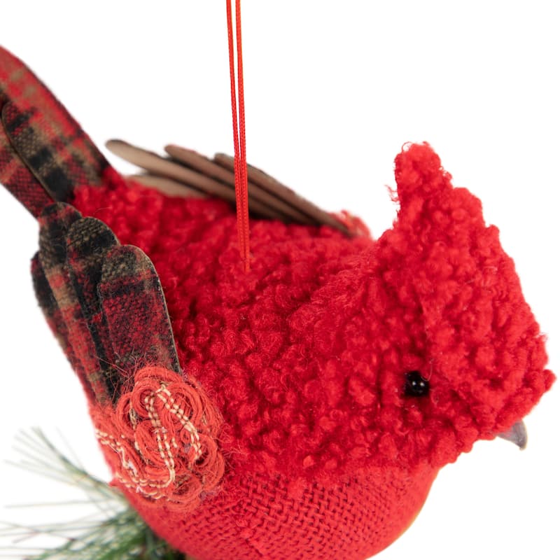 13" Red and Green Plaid Cardinal on Holly Berries Christmas Ornament