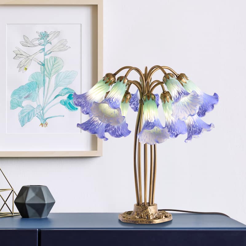 21.5-inch Antique Brass and Hand Blown Glass 10 Lily Downlight Table Lamp - 20.25" x 20.25" x 21.5"