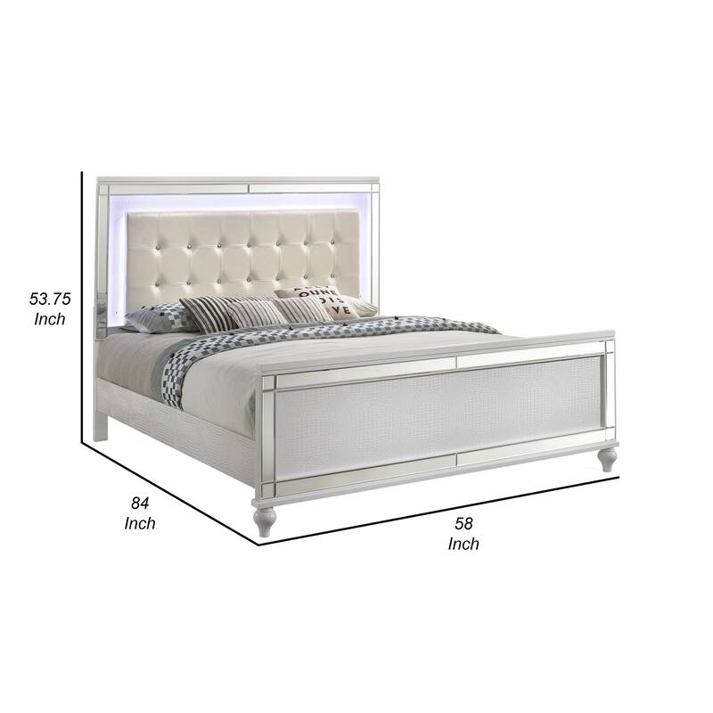 Lee Full Size Bed, LED, Tufted Faux Leather Upholstery, Textured White