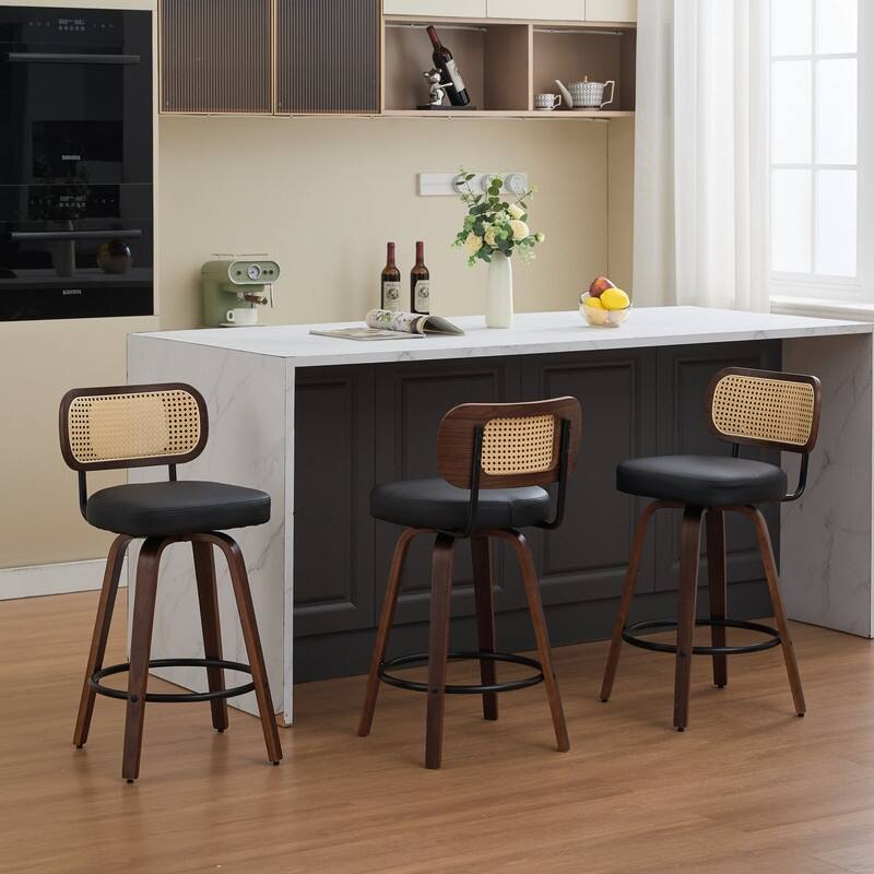 26" Swivel Rattan Bar Stools - Walnut Finish Counter Height Stools with Upholstered Seat
