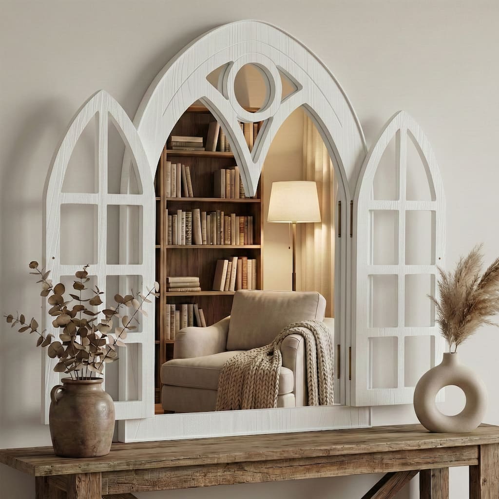 Classic Arched Wood Framed Window Pane Wall Mirror