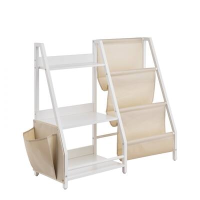 White-Beige Kids Bookshelf and Toy Storage Organizer with 7 Compartments - 33.46 x 11.81 x 29.72 in