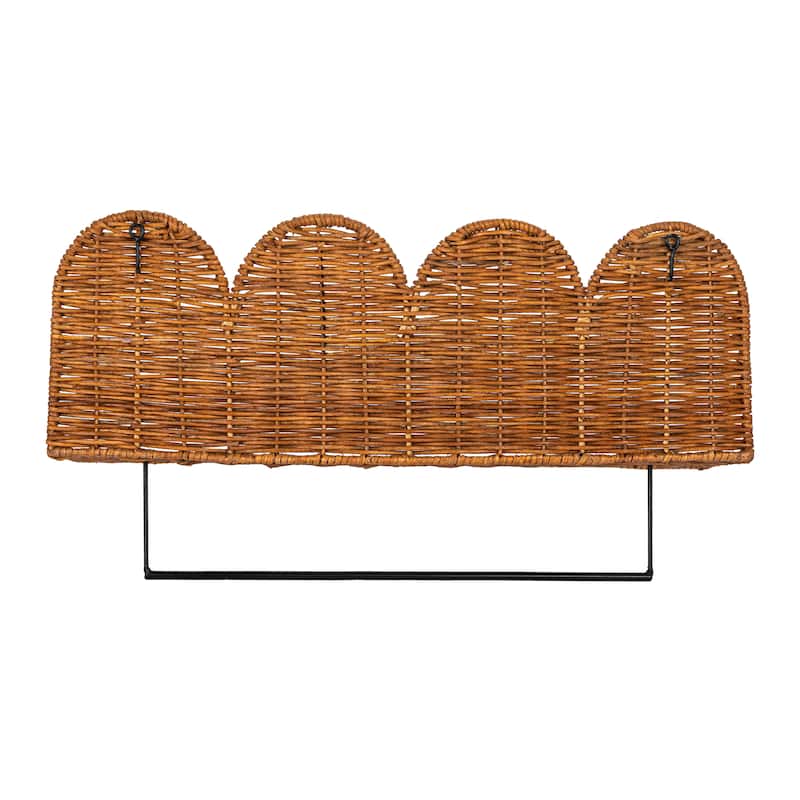 Rattan Wicker Wall Shelf with Scalloped Edge and Metal Rod - 24.0"L x 6.0"W x 12.5"H