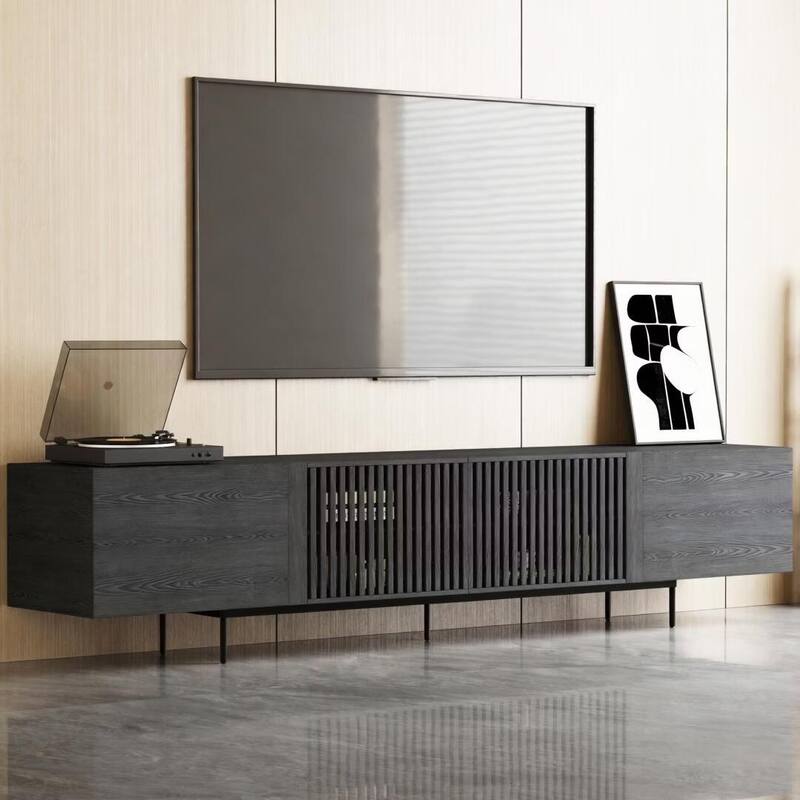 94.48 Inch Extra Long Black TV Stand with Slatted Doors, Modern Entertainment Center for TVs up to 100 Inches,
