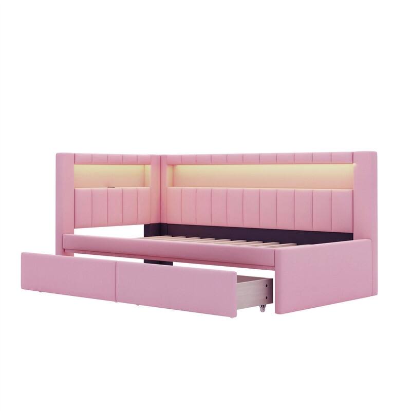 Twin Size L-Shaped Daybed with 2 Storage Drawers & LED Belt, Upholstered Daybed Frame Sofa Bed w/ USB Ports & Storage Headboard