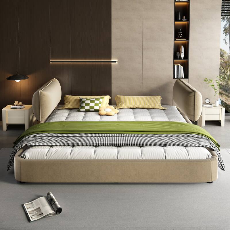 King Size Cloud Bed Frame with Oversized Padded Movable Headboard, Chenille Upholstered Bed with Round Corner
