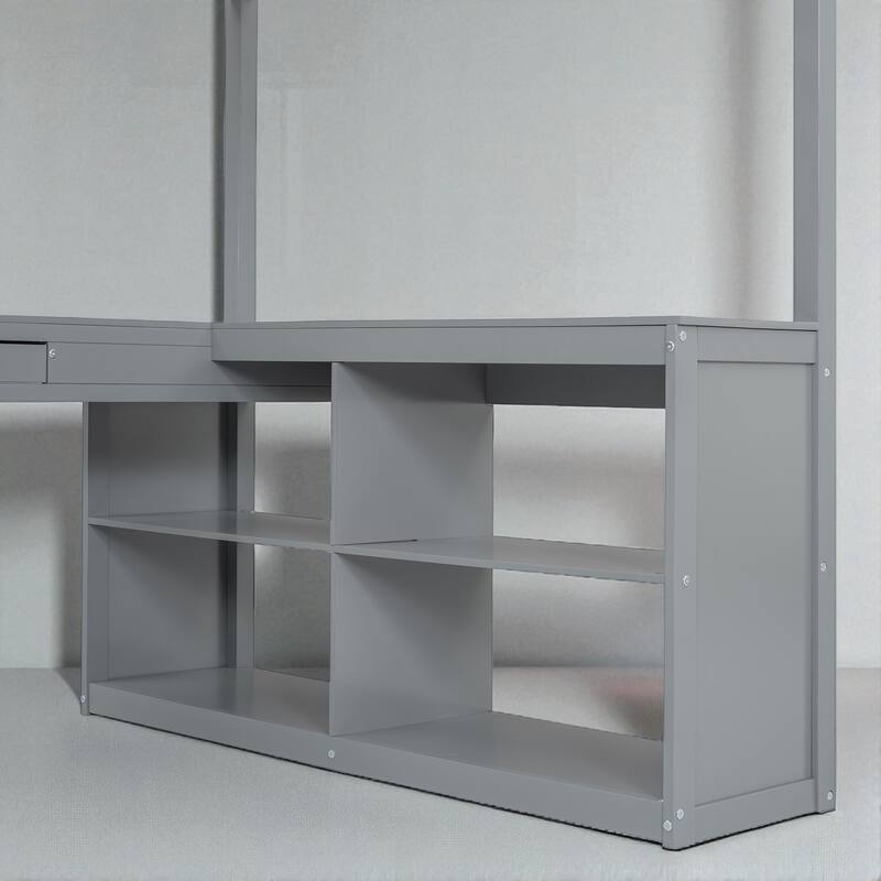 Full Size Wooden Loft Bed with U-Shaped Desk, 4 Compartments, 2 Drawers and Tri-Fold Mirror