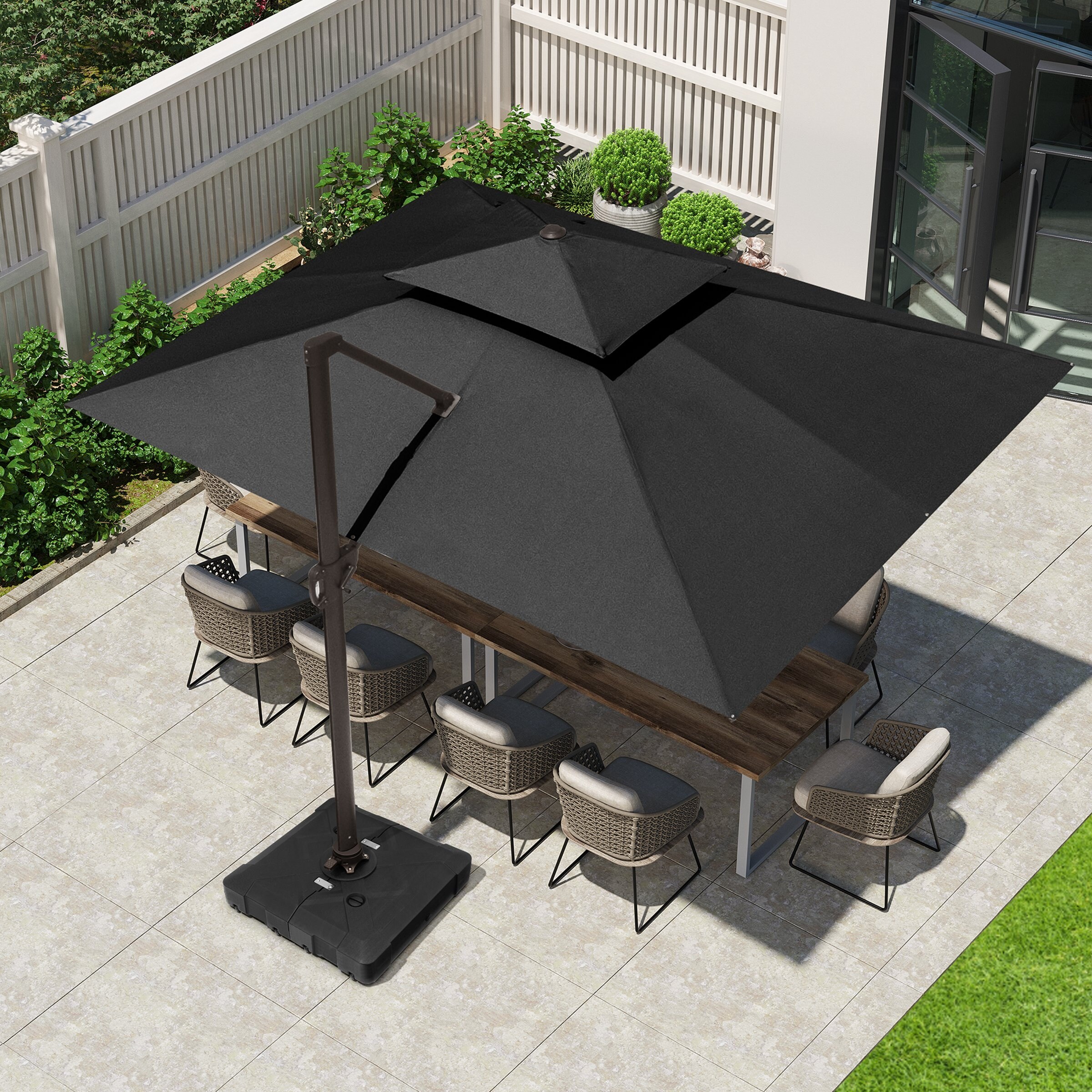 SAFAVIEH Milan 7.5ft Square Outdoor Patio Umbrella with Fringe Trim - UV Resistant, Crank Lift & Button Tilt