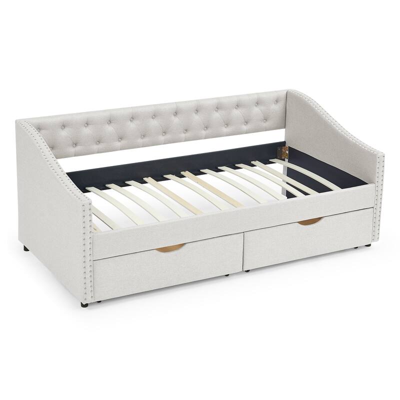 Twin Size Linen Upholstered Daybed Frame with 2 Drawers & Tufted Backrest