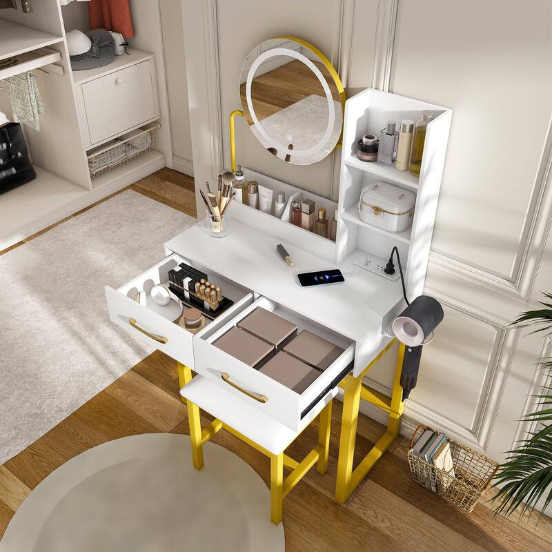 Vanity Desk with LED Mirror & Stool, Makeup Vanity Table with Power Outlet, Drawer & Open Shelves, Small Dressing Table Set