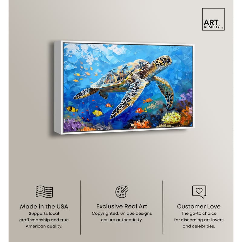 Art Remedy Turtle Swimming Framed Colorful Coastal 1 Piece Canvas Wall Art