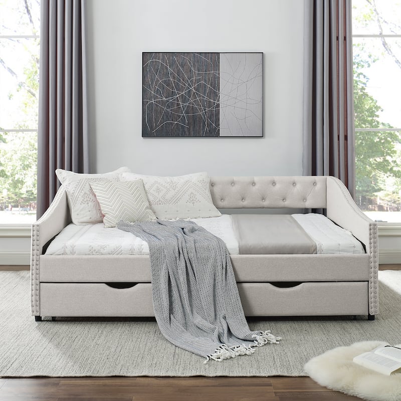 Mid-Century Linen Upholstered Daybed Platform Bed Frame with Storage Drawers, Button Tufted Back and Nailhead Trim Arms - Beige - Full