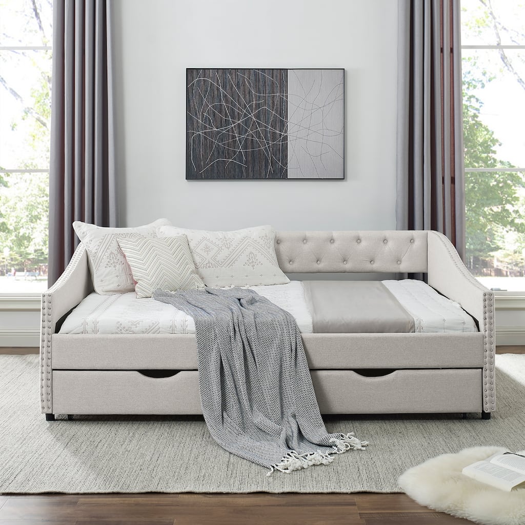 Mid-Century Linen Upholstered Daybed Platform Bed Frame with Storage Drawers, Button Tufted Back and Nailhead Trim Arms