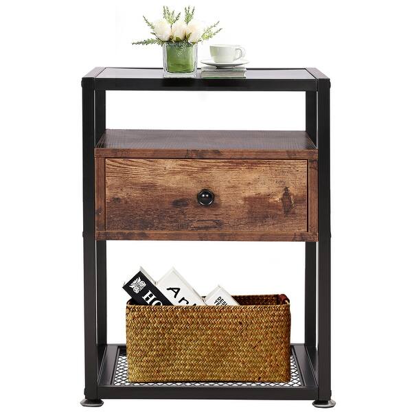 Shop Black Friday Deals On Vecelo Bedside Table 1 Drawer Bedside Table Glass Bedside Table With Wooden Drawer Brown Black 2 Option Overstock 30876297