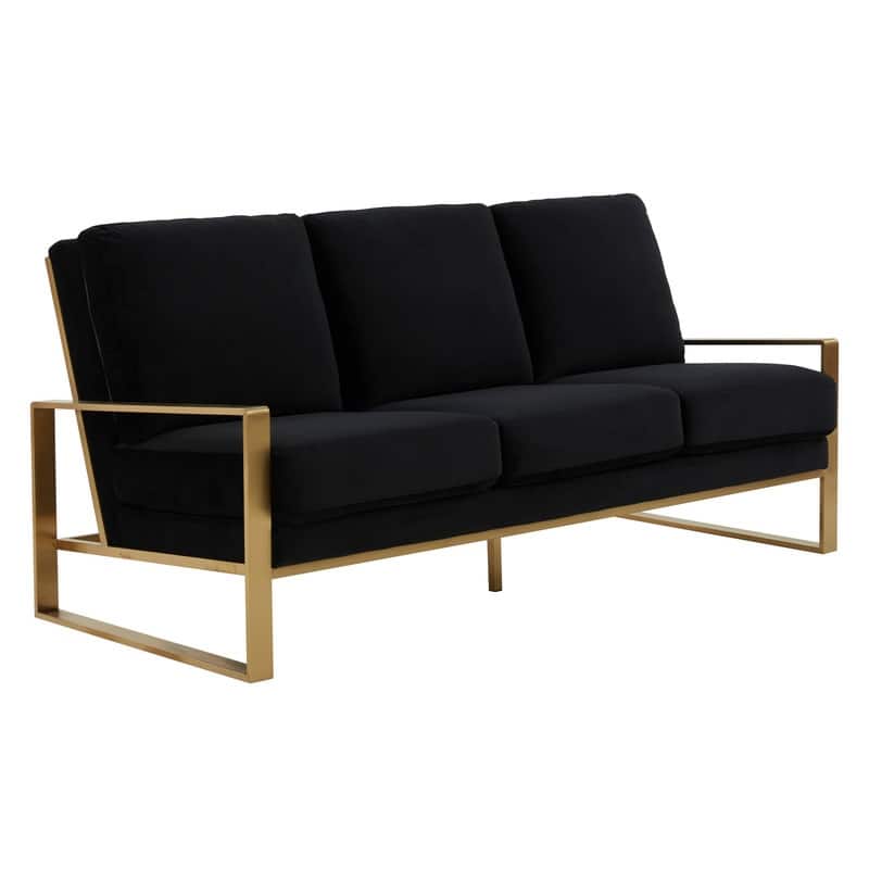 Jefferson Velvet Upholstered 3 Seater Sofa with Brushed Gold Stainless Steel Base and Removable Cushions - 77.1 - Black