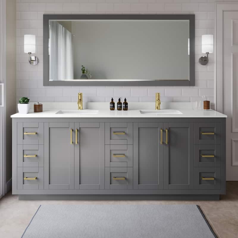 Wyndham Collection WCF292984D-QTZ-UNSMXX Miranda 84" Free Standing - Dark Gray / White Quartz Top / Brushed Gold