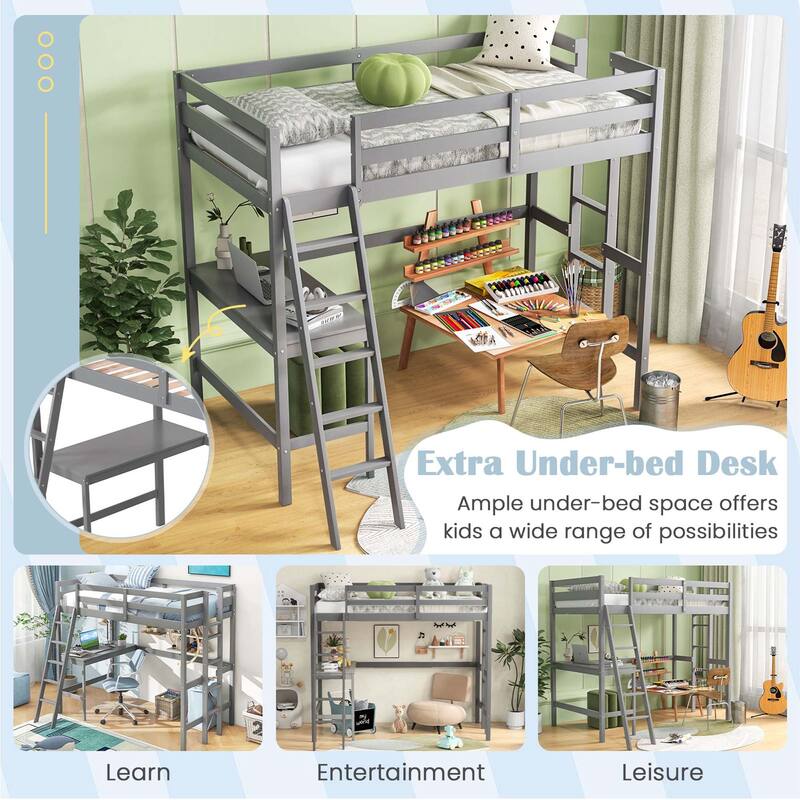 Costway Twin Size Loft Bed w/ Desk & Shelf 2 Ladders & Guard Rail for