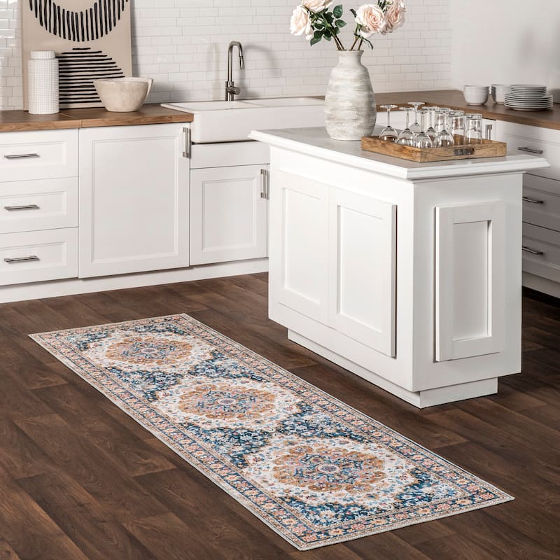 Nuloom Emi Traditional SplashGuard Machine Washable Area Rug - 2' 6" x 8' - Blue Multicolor - Runner