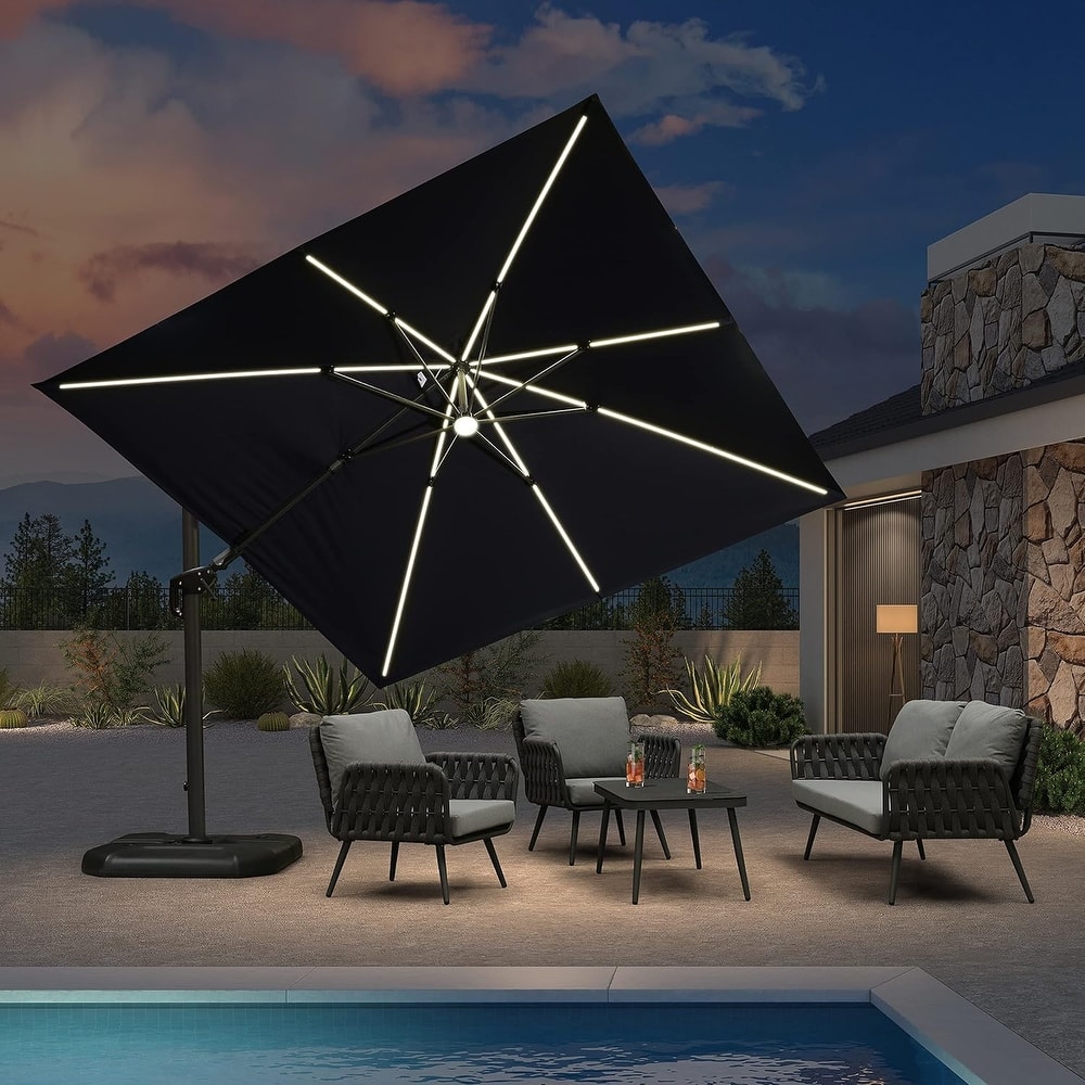 PURPLE LEAF 10 ft Solar Powered LED Patio Cantilever Umbrella with 360-degree Rotation